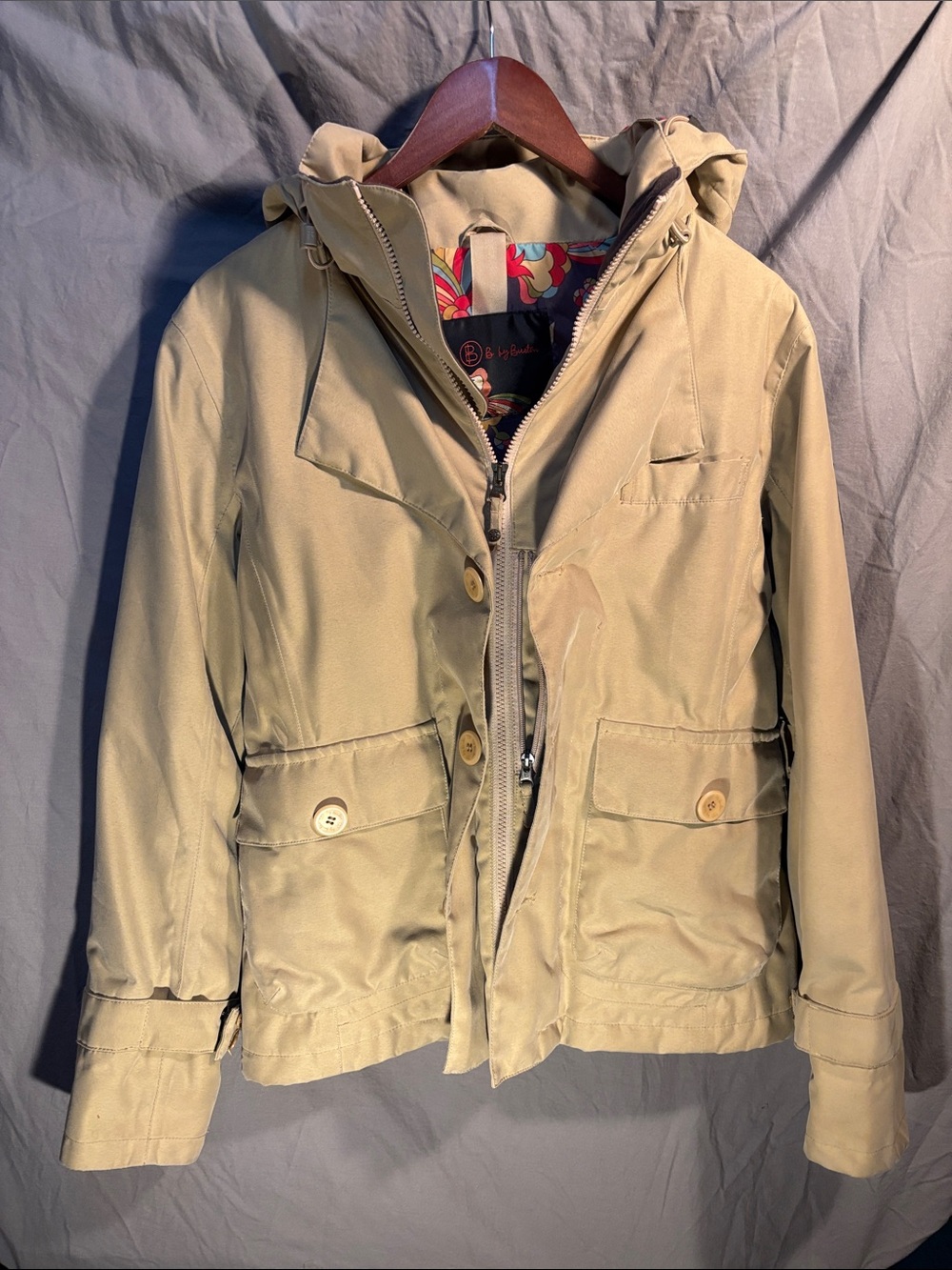 Burton Khaki Hooded Ski Jacket with Floral Lining